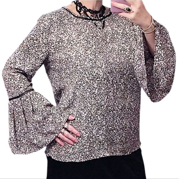 LOFT Pink Black Floral Crochet Trim Long Bell Sleeves Boho Blouse Large - Picture 6 of 13